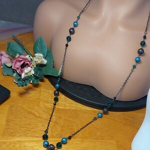 Long 36" Bead Necklace Blue Faux Pearl Gunmetal